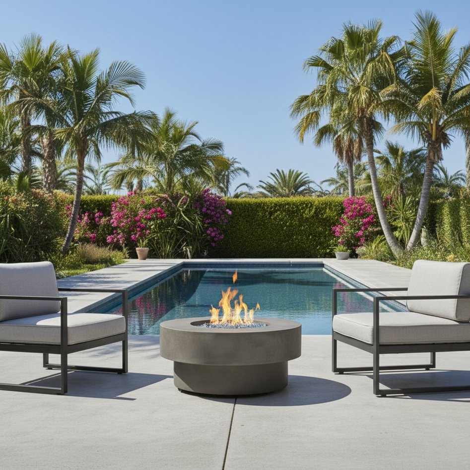 English Elm 34-inch Cement Grey Propane Fire Pit Table 50,000 BTU Outdoor Patio Table w/ Glass Rocks Cover W853P368311