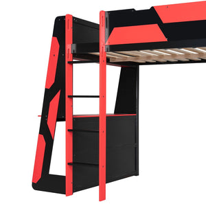 English Elm Full Size Gaming Loft Bed with Led Lighting Desk Shelves and Usb Charging Ports Black+Red N820S00076J
