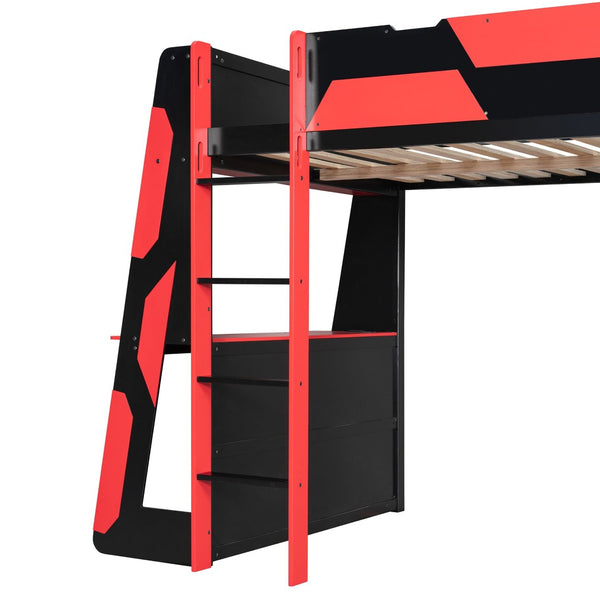 English Elm Full Size Gaming Loft Bed with Led Lighting Desk Shelves and Usb Charging Ports Black+Red N820S00076J