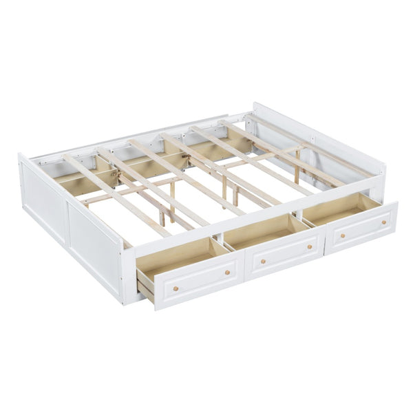 English Elm Wood Queen Platform Bed Solid Pine Frame Six Storage Drawers No Box Spring Needed White N709P241723K-1