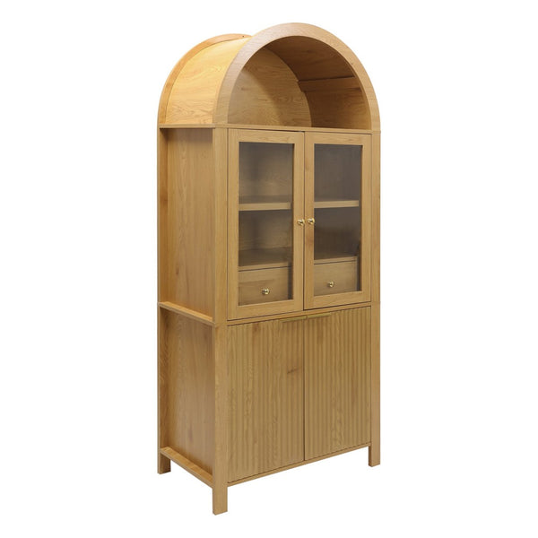 English Elm 71" Arched Glass Barn Door Pantry Cabinet Farmhouse Mdf Storage for Kitchen Dining Oak W2917S00015
