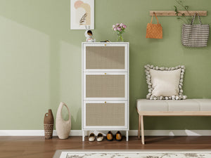 English Elm Rattan 3 Door Shoe Rack with Metal Base and Anti-Slip Feet, Double Shelf Storage for Entryway White W688P211259