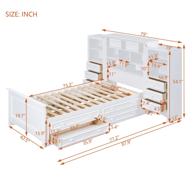 English Elm Twin Platform Bed with Vertical Storage Cabinet and 8 Under Drawer White Wood Frame LP000761AAK-2