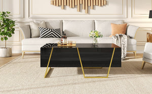 English Elm Modern 47.2" Rectangular Coffee Table with Sleek Black Top, Gold Metal Base and Four Drawers for Stylish Storage and Durable Contemporary Living Room Furniture Black+Gold N735P350386B