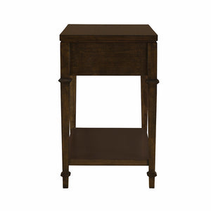 JLA Home Martha Stewart - Nightstand Kenna — Rich Dark Brown Wood Veneer, Antique Gold Knob, Fluted Drawer & Open Shelf Elegance MT136-1207