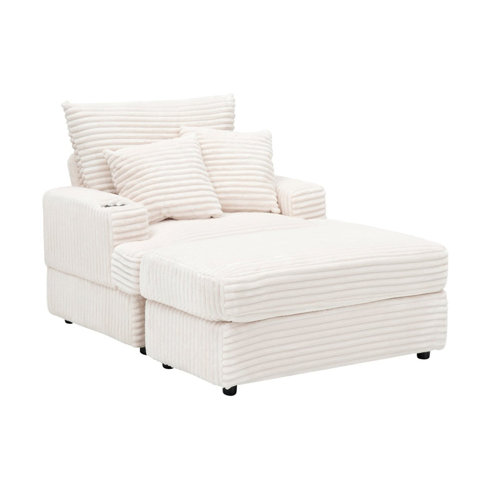 English Elm 39-inch Corduroy Accent Chair with Ottoman and Cup Holder for Bedroom or Office White W1658P202902