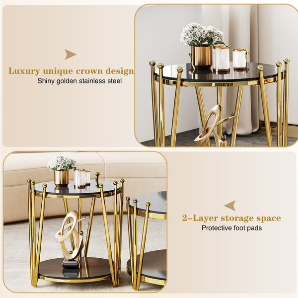 English Elm 19.69inch Gold Round Coffee Table with Crown Frame, 8mm Tempered Glass, Stainless Steel Base, Chic Storage Black W1550P171469