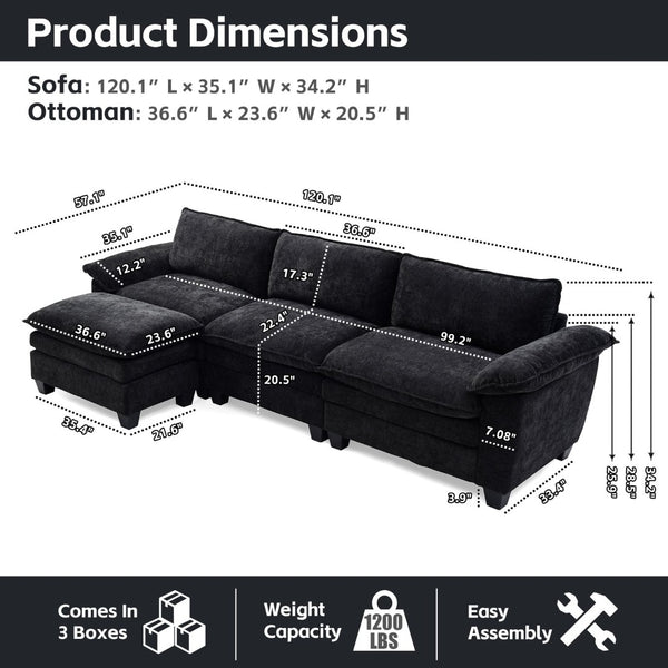 English Elm Living Room Chenille Sectional Sofa with Detachable Ottoman and Pocket Coil Cushions Black W1097S00240