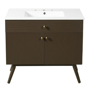 English Elm 36" Freestanding Bathroom Vanity Striped Mdf Cabinet Brass Hardware Ceramic Basin N765P387198D