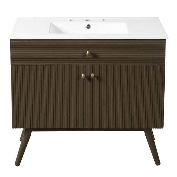 English Elm 36" Freestanding Bathroom Vanity Striped Mdf Cabinet Brass Hardware Ceramic Basin N765P387198D