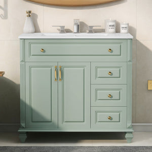 English Elm 36" Forest Green Rubberwood Bathroom Vanity with Ceramic Sink and Golden Hardware N725P356069F