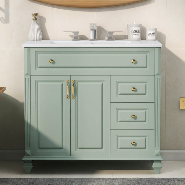 English Elm 36" Forest Green Rubberwood Bathroom Vanity with Ceramic Sink and Golden Hardware N725P356069F
