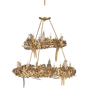 Currey & Company Aviary Gold Ring Chandelier - Elegant Botanical Design With Sculptural Birds And Adjustable Height Gold Wrought Iron ,Composite 9000-1321-currey-company