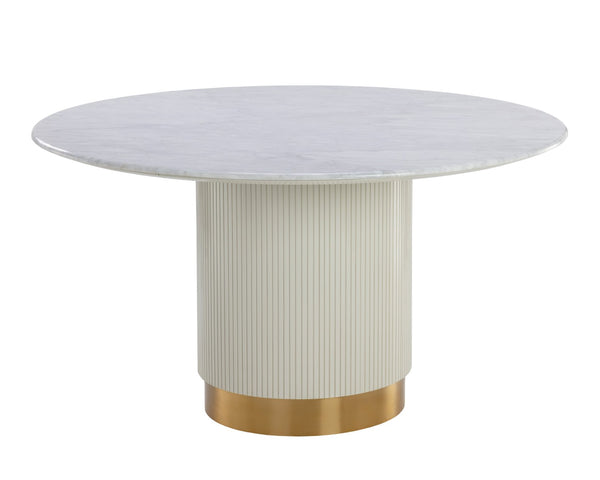 Sunpan PALOMA Dining Table - Round White Marble Centerpiece with Sculptural Cream Base & Gold Inlay 110253