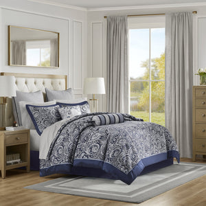 English Elm 12 Piece Madison Park Aubrey Jacquard Comforter Set Cal King Navy Paisley with 100% Cotton Sheets, Luxe Reversible Design and Decorative Pillows B03597016