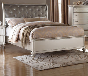 English Elm Silver Glamorous Faux Leather 3pc Queen Bedroom Set with Tufted Crystal Headboard and Nailtrim Champagne,Silver 84 L x 42 W x 8 H B011S01839