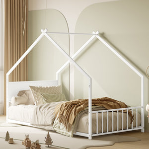 English Elm Twin House Shaped Metal Bed Frame with Led Lights and Wood Slats for Kids W1820P356049