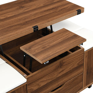 English Elm Christopher Knight Home® - Multi-Functional Lift-Top Coffee Table with Hidden Storage, 4 Stools, Lockable Casters & Desk Space Walnut,White N770P309783W