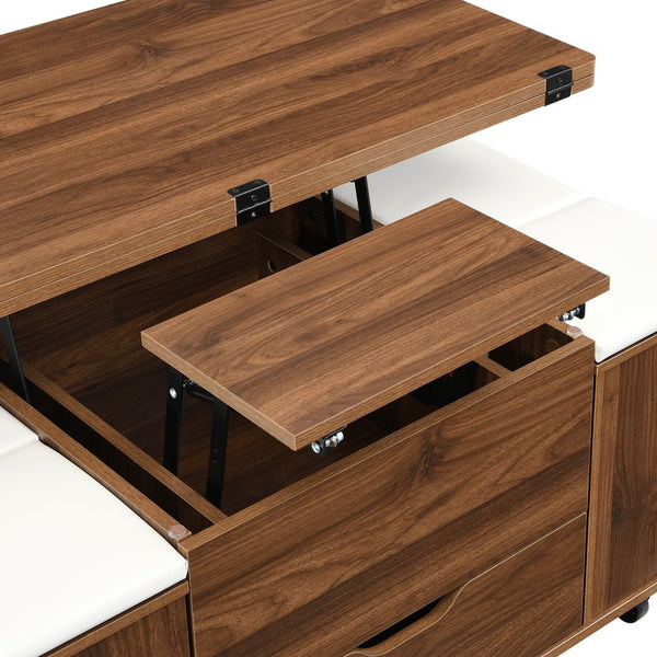 English Elm Christopher Knight Home® - Multi-Functional Lift-Top Coffee Table with Hidden Storage, 4 Stools, Lockable Casters & Desk Space Walnut,White N770P309783W