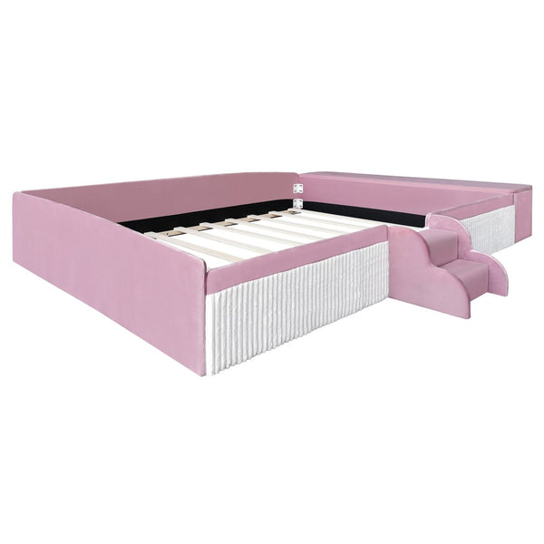 English Elm Queen Velvet Daybed with Built-in Stairs Gas Lift Storage and Padded Safety Rails Pink+White SF000203AAH