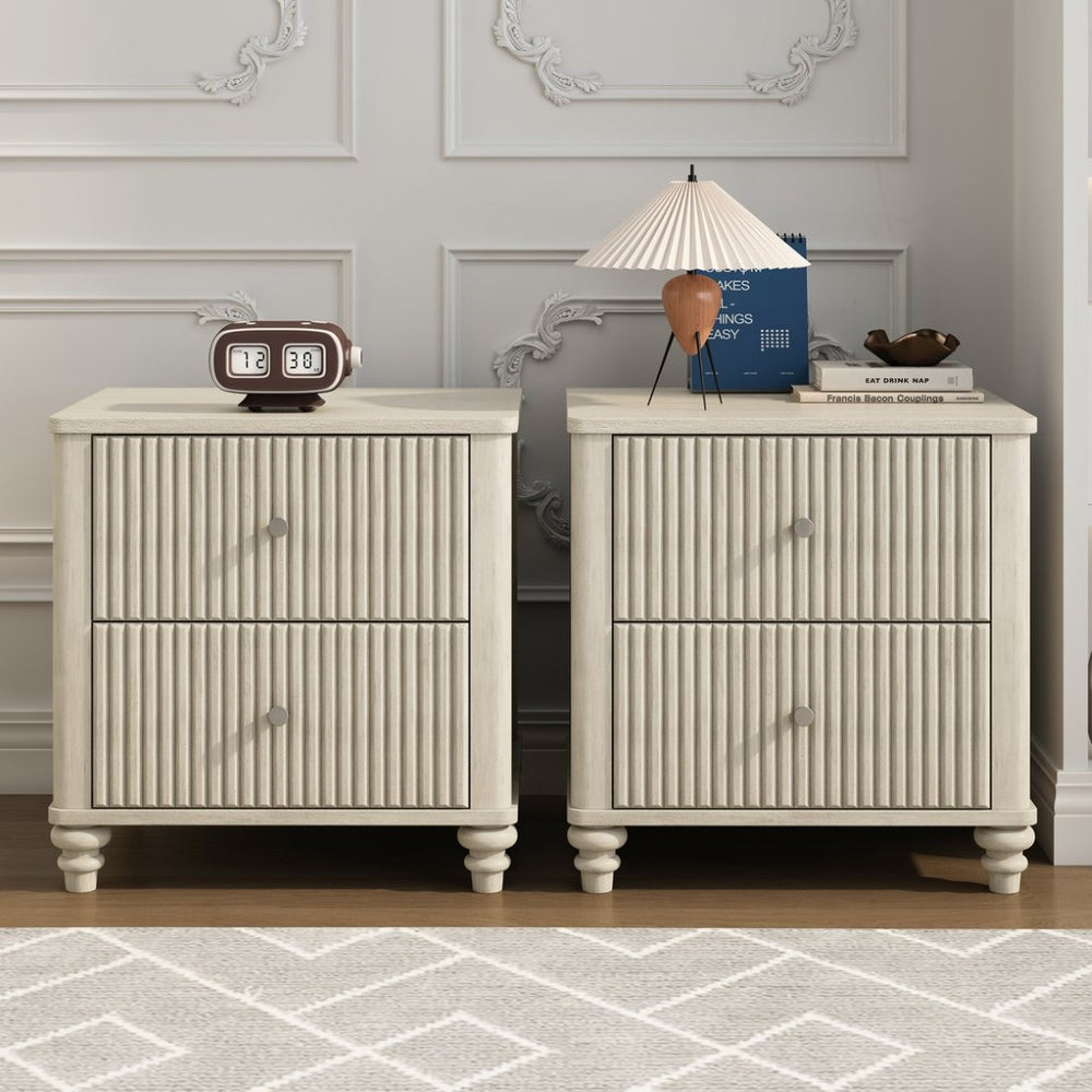English Elm Fluted Oak Finish 3-drawer Nightstand Set of Two Mid Century Bedroom Side Tables Beige W5819P481449
