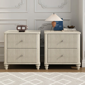 English Elm Fluted Oak Finish 3-drawer Nightstand Set of Two Mid Century Bedroom Side Tables Beige W5819P481449