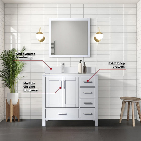 English Elm White Bath Vanity Set With Left Offset Quartz Top, Chrome Faucet, And 34-Inch Matching Mirror B2731S01258-GIGA