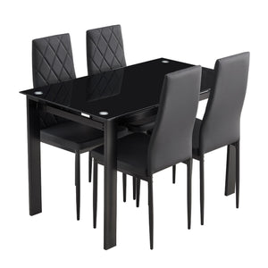 English Elm 5-piece Black Glass Dining Set with 4 Diamond PU Chairs — Durable Metal Frame, Easy-Clean Modern Style W241S00001