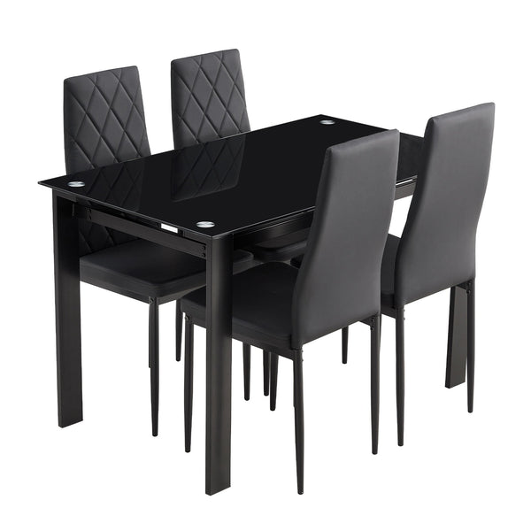 English Elm 5-piece Black Glass Dining Set with 4 Diamond PU Chairs — Durable Metal Frame, Easy-Clean Modern Style W241S00001