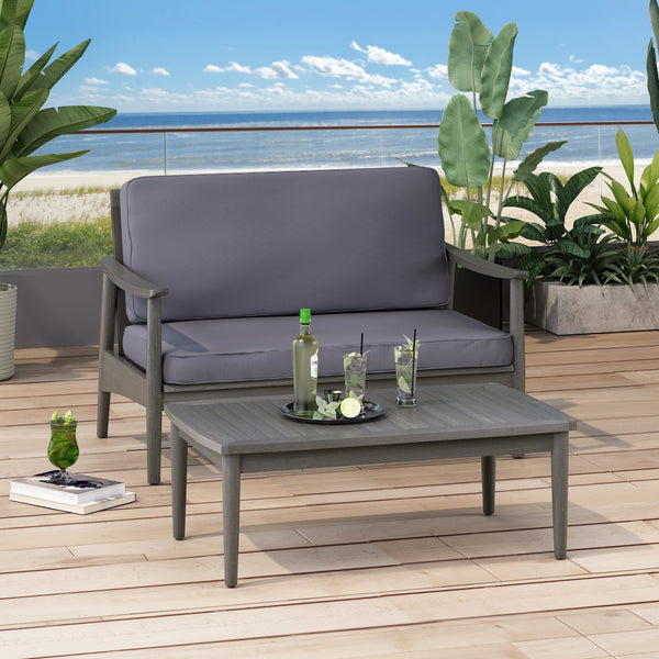 English Elm Christopher Knight Home® - Patio Loveseat And Coffee Table Set - Minimalist Acacia Wood Furniture For Relaxing Outdoor Spaces 68628.00GDGRY