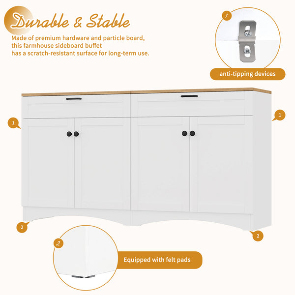 English Elm ON-TREND Farmhouse TV Stand 62.9" Rustic Wood-Grain Top with 2 Drawers, Adjustable Shelves, Stable Storage for Living Room Bedroom Dining White N721P245732K