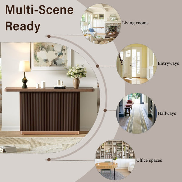 English Elm Console Table with Ash Veneer Top Fluted Pedestal Base and Metal Accents for Entryway N760P359389D