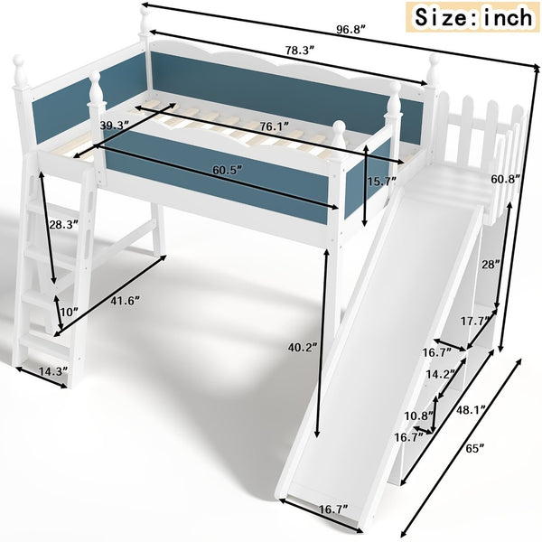 English Elm Twin Loft Bed Solid Pine Frame with Wardrobe Shelving Detachable Slide Kids Room White+Blue W5305S00019