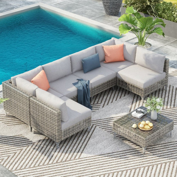 English Elm K&k 7 Piece Outdoor Modular Sectional Wicker Sofa Set with Tempered Glass Coffee Table Grey N707S000011G