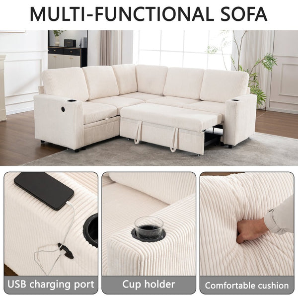 English Elm Sectional Corduroy Sleeper Sofa with Storage and Charging Ports for Small Spaces White W1361S00075