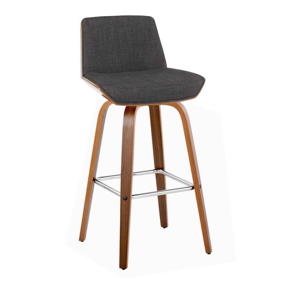 English Elm Corazza 30" Mid-Century Barstool Set of 2 — Walnut Wood Legs, Charcoal Fabric, 360° Swivel & Footrest B202S00522
