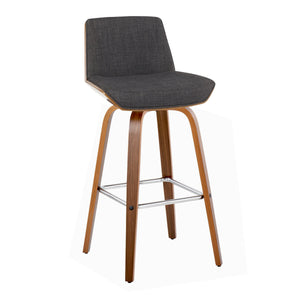 English Elm Corazza 30" Mid-Century Barstool Set of 2 — Walnut Wood Legs, Charcoal Fabric, 360° Swivel & Footrest B202S00522