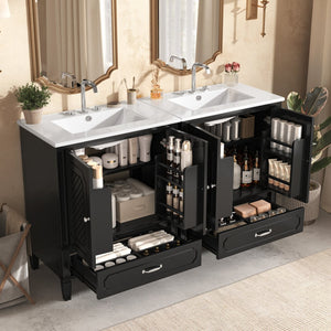 English Elm Christopher Knight Home® - 60" Bathroom Vanity Double Sink Freestanding Set with Ceramic Tops, Ample Adjustable Storage Black N759S313313B