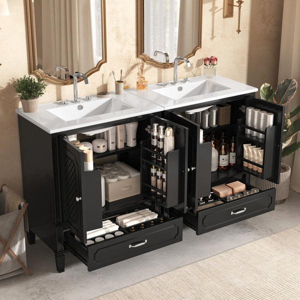 English Elm Christopher Knight Home® - 60" Bathroom Vanity Double Sink Freestanding Set with Ceramic Tops, Ample Adjustable Storage Black N759S313313B