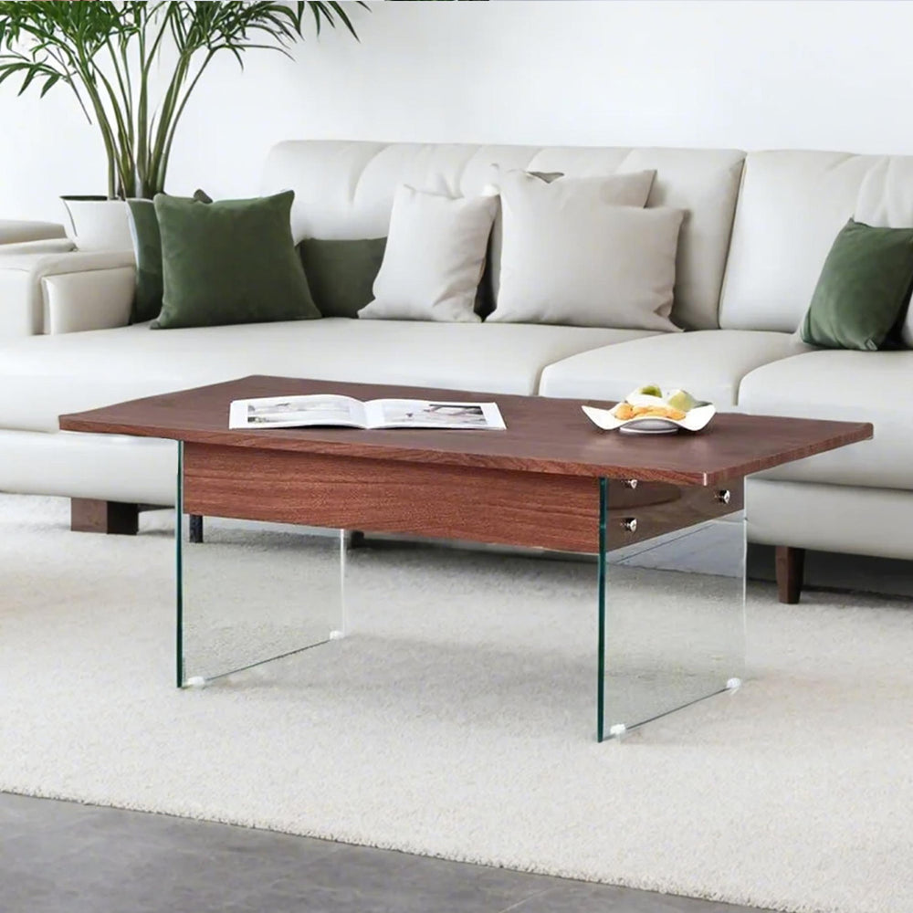 English Elm Multifunctional Lift Top Coffee Table with Tempered Glass Legs, Ergonomic Storage and Durable MDF Finish Wood W2920P226074
