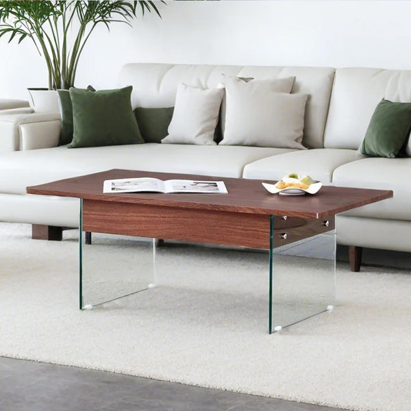 English Elm Multifunctional Lift Top Coffee Table with Tempered Glass Legs, Ergonomic Storage and Durable MDF Finish Wood W2920P226074