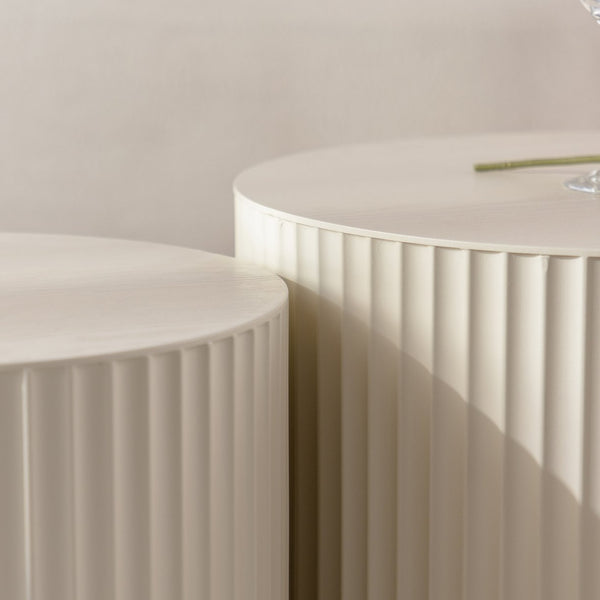 English Elm Beige Nesting Coffee Table Set of 2 — Modern Drum Side Tables with Embossed Wave Stripe, Space-Saving Elegance W3081P254991