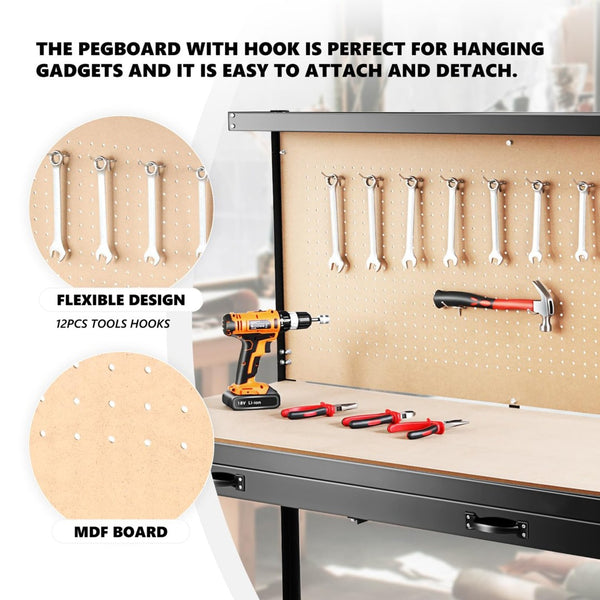 English Elm 63" Steel Workbench with Pegboard Mdf Surface Drawer for Garage Workshop Use W2079P185202