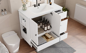 English Elm 36" Freestanding Bathroom Vanity Solid Wood Cabinet Ceramic Basin Four Drawers White W1580P382510
