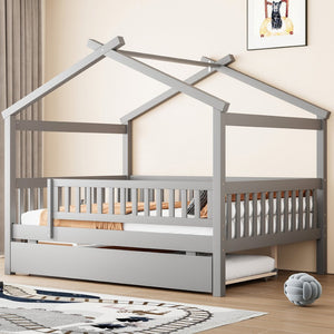English Elm Full Size Pine House Bed with Roofline Frame and Roll Out Twin Trundle for Kids Gray LP100306AAE