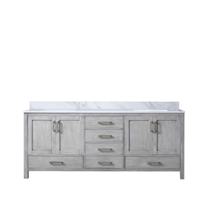 English Elm Distressed Grey Double Bath Vanity 80 In. W With Carrara Marble Top - Elegant Storage & Style! B2731P258949