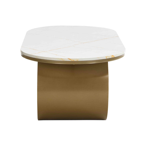 English Elm Luxury Oval Coffee Table with Faux Marble Top, Sturdy Metal Frame, Storage Drawer, Adjustable Feet Golden+White W821S00029