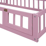 English Elm Wooden Floor Bed With Fence Railings and Detachable House Shape Headboard, Twin Size Bed With Kids Dress Up Rack, Kids Montessori Style Playhouse Frame For Girls Boys, Pink