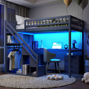 English Elm Twin Loft Bed with Staircase Desk Dual Drawers and Led Strip for Kids Rooms Gray LT000257AAE-1