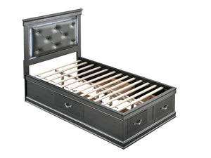 English Elm Lorana Glam Twin Storage Bed with Led Lighting and Tufted Faux Leather Headboard Gray B078S00690